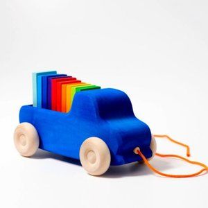 NWT Grimm's Wooden Toys Pull Along Blue Truck with Building Slats